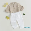 Aqua bộ 2 món áo sơ mi tay ngắn cài nút + quần dài co giãn màu trơn mùa hè bé trai 7