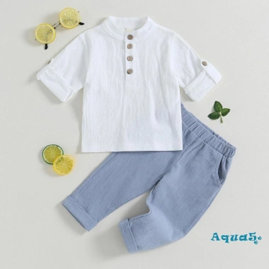 Aqua bộ 2 món áo sơ mi tay ngắn cài nút + quần dài co giãn màu trơn mùa hè bé trai 8 Aqua bộ 2 món áo sơ mi tay ngắn cài nút + quần dài co giãn màu trơn mùa hè bé trai 8