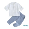 Aqua bộ 2 món áo sơ mi tay ngắn cài nút + quần dài co giãn màu trơn mùa hè bé trai 9