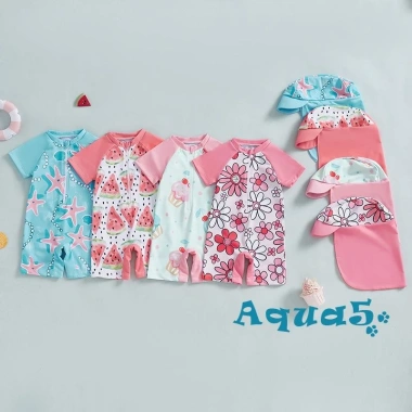 Aqua Toddler Girls Rash Guard Đồ Bơi Có Mũ Set 2 Chiếc Zip Up Tay Ngắn Cổ Tròn Siêu Thoải Mái