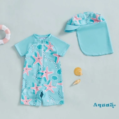 Aqua Toddler Girls Rash Guard Đồ Bơi Có Mũ Set 2 Chiếc Zip Up Tay Ngắn Cổ Tròn Siêu Thoải Mái