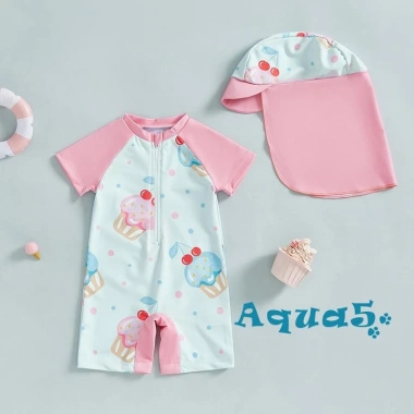 Aqua Toddler Girls Rash Guard Đồ Bơi Có Mũ Set 2 Chiếc Zip Up Tay Ngắn Cổ Tròn Siêu Thoải Mái
