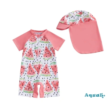 Aqua Toddler Girls Rash Guard Đồ Bơi Có Mũ Set 2 Chiếc Zip Up Tay Ngắn Cổ Tròn Siêu Thoải Mái