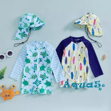 Aqua Toddler Rash Guard Bé Trai Đồ Bơi Ván Lướt Sóng Rùa In Dây Kéo Dài Tay và Mũ Bơi Giá Ưu Đãi 242k