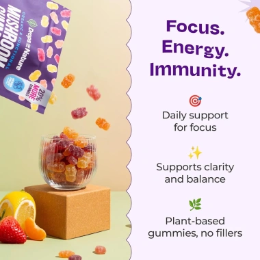 Ashwagandha & Lions Mane Gummies Hữu Cơ - LinhChi, Đông Trùng, Đuôi Thổ Nhĩ Kỳ, Chaga Bảo Vệ Miễn Dịch, Tăng Nhận Thức