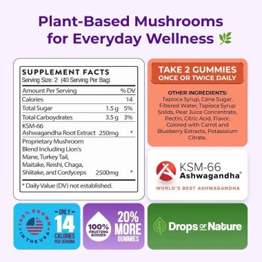 Ashwagandha & Lions Mane Gummies Hữu Cơ - LinhChi, Đông Trùng, Đuôi Thổ Nhĩ Kỳ, Chaga Bảo Vệ Miễn Dịch, Tăng Nhận Thức