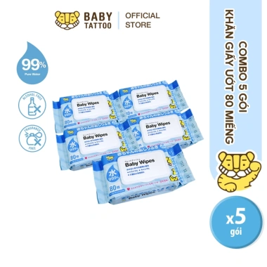 BABY TATTOO Combo 5 Khăn Giấy Ướt Cao Cấp Không Mùi 80 Miếng Giá 295.000 VND