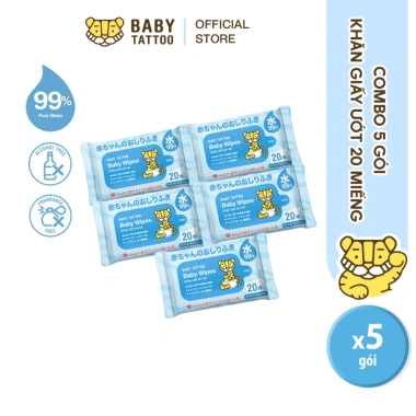 BABY TATTOO Khăn Giấy Ướt Cao Cấp Không Mùi Gói 20 Miếng - An Toàn, 25.000₫ 10