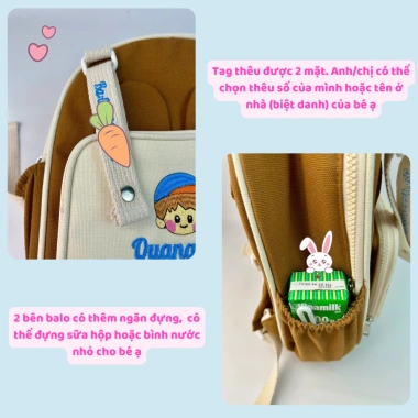 Balo Cặp Bé Mầm Non Mẫu Giáo Thêu Tên Tai Thỏ Dễ Thương Kèm Dây Tag - 175k 5