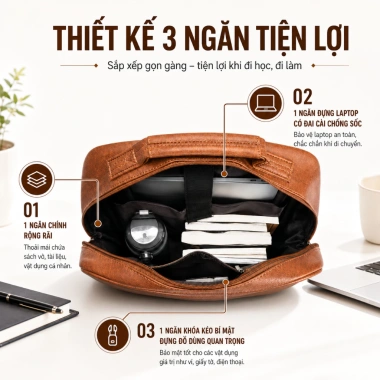 Balo da MINTAS đựng laptop 15.6 inch Nhiều ngăn rộng rãi, thanh lịch sang trọng