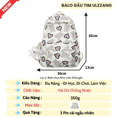 Balo Đi Học Nữ Gấu Trái Tim Chống Nước, vừa Laptop 15.6 - Giá 177.000₫