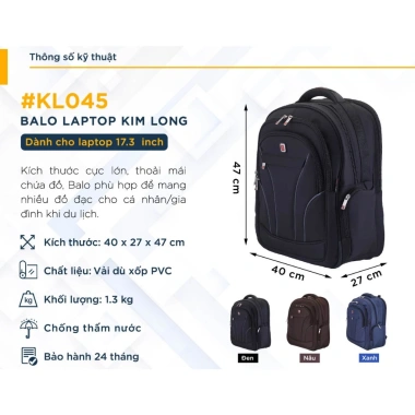 Balo Du Lịch Kim Long KL045 16 inch Laptop, Đa Ngăn, Chống Thấm, Phượt Dã Ngoại