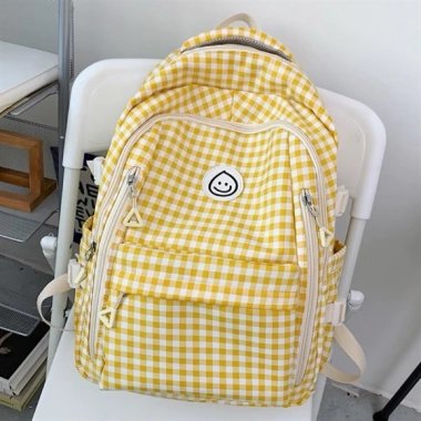 Balo Kẻ Caro Vàng Mặt Cười Dễ Thương – Đựng Laptop, Hàn Quốc, Đi Học Đi Chơi 190k