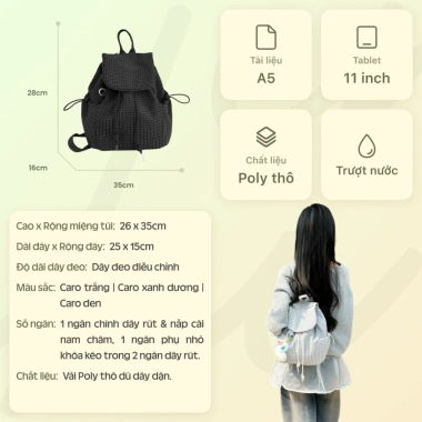 Balo Mini Caro Nhí Dây Rút Vải Dù Trượt Nước Dễ Thương Năng Động Đi Chơi Học Du Lịch 238k