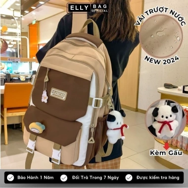 Balo nữ ELLY BAG cặp đi học, vải kèm gấu, đa ngăn, đựng laptop 15.6, chống nước