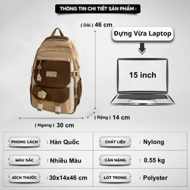 Balo nữ ELLY BAG cặp đi học, vải kèm gấu, đa ngăn, đựng laptop 15.6, chống nước