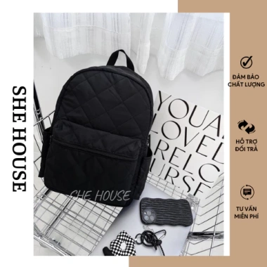 Balo phao unisex đen cá tính, vừa A4 & laptop, phù hợp đi học, đi chơi, kèm móc khóa ngẫu nhiên - 249.000₫