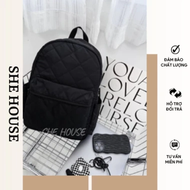 Balo phao unisex đen cá tính, vừa A4 & laptop, phù hợp đi học, đi chơi, kèm móc khóa ngẫu nhiên - 249.000₫