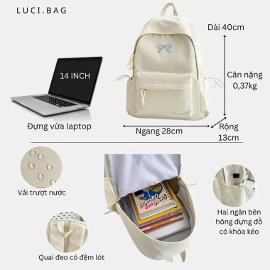 Balo thắt nơ dễ thương LUCI B60 - Cặp học sinh đi học đựng laptop, giảm còn 225k