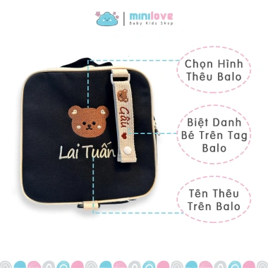Balo trẻ em màu đen thêu tên phong cách Hàn Quốc, tặng tag, giảm giá 150k 4