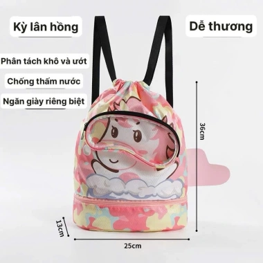 Balo túi bơi trẻ em họa tiết đáng yêu, dây rút, ngăn giày riêng, tiện lợi cho hồ bơi & du lịch biển