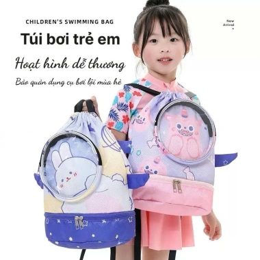 Balo túi bơi trẻ em họa tiết đáng yêu, dây rút, ngăn giày riêng, tiện lợi cho hồ bơi & du lịch biển