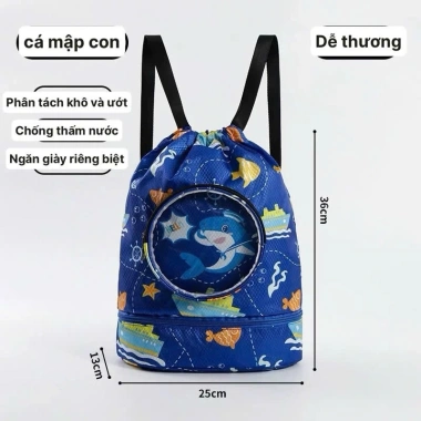 Balo túi bơi trẻ em họa tiết đáng yêu, dây rút, ngăn giày riêng, tiện lợi cho hồ bơi & du lịch biển