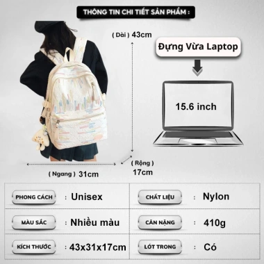 Balo Ulzzang nữ đi học thời trang Hàn Quốc, chống nước, ngăn laptop 15.6 inch A4 2