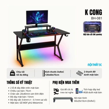 Bàn Gaming Chữ K Uốn Cong 15mm MDF, Kệ Lửng, Chân Sắt Sơn Tĩnh Điện - Giá 285.000 VNĐ