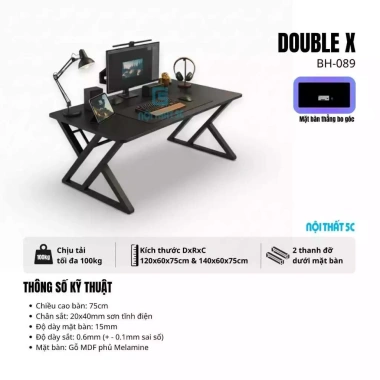 Bàn Gaming Double X 5C Chân Sắt Sơn Tĩnh Điện 2x4cm, Mặt MDF Melamine - Giá 479.000₫ 3