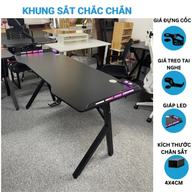 Bàn gaming, làm việc hộp sắt 4x4cm, kèm giá treo tai nghe, giáp LED – giảm còn 749.000đ
