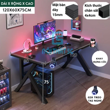 Bàn gaming, làm việc hộp sắt 4x4cm, kèm giá treo tai nghe, giáp LED – giảm còn 749.000đ
