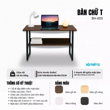Bàn học 5C T-Table 1.2m x 55cm, khung sắt 25x25mm sơn tĩnh điện, mặt gỗ dày - 399.000₫ 2