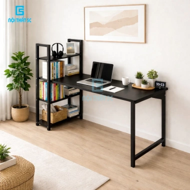 Bàn học, bàn làm việc khung sắt tĩnh điện, mặt MDF 15mm, giá sách, lắp ráp - 549.000₫