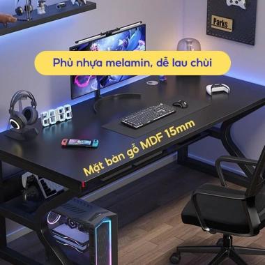 Bàn học chân sắt chữ K 1m4x60cm, mặt gaming khoan lỗ dây, chịu tải 250kg - DS Future