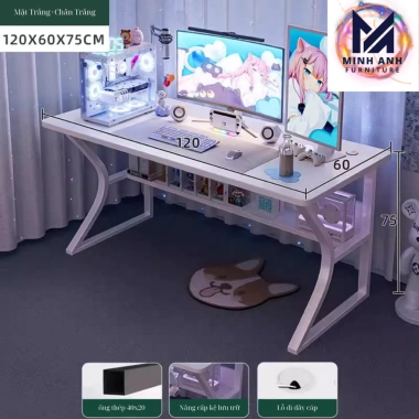 Bàn học chân sắt chữ K 1m4x60cm, mặt gaming khoan lỗ dây, chịu tải 250kg - DS Future