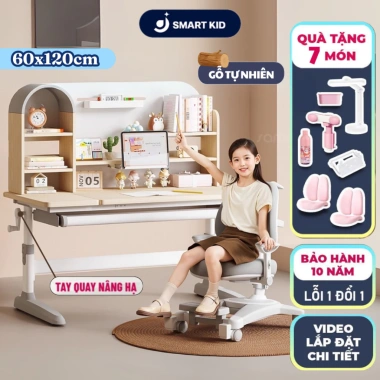 Bàn học chống gù gỗ tự nhiên cao cấp A120 120cm, nâng hạ độ cao tay quay, điều chỉnh nghiêng