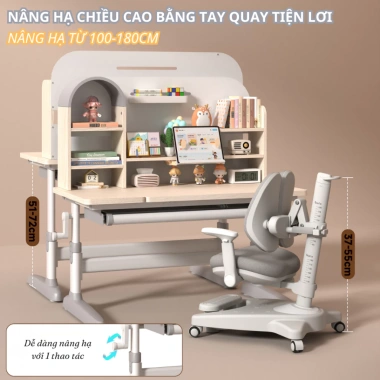 Bàn học chống gù gỗ tự nhiên cao cấp A120 120cm, nâng hạ độ cao tay quay, điều chỉnh nghiêng