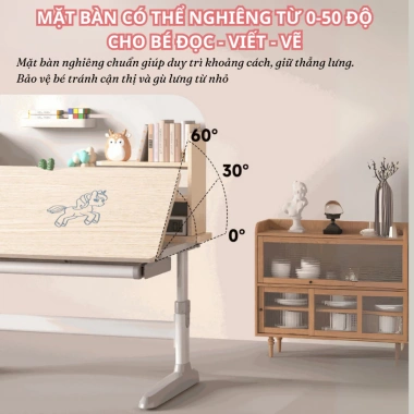 Bàn học chống gù gỗ tự nhiên cao cấp A120 120cm, nâng hạ độ cao tay quay, điều chỉnh nghiêng