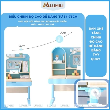 Bàn học chống gù gỗ tự nhiên cao cấp Lumili S4 size lớn - nâng hạ độ cao, tay quay, điều chỉnh nghiêng nhanh 4