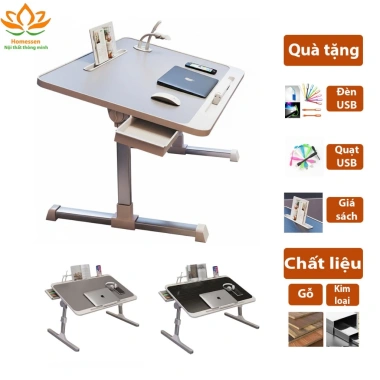Bàn học gấp gọn có khe cắm iPad, cổng USB, nâng hạ laptop - Giá sách 285.000đ