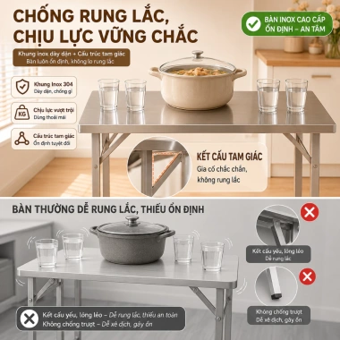 Bàn Inox xếp gọn chữ nhật, gấp gọn tiện lợi cho quán ăn, nhậu - giao nhanh Hà Nội