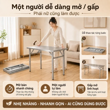 Bàn Inox xếp gọn chữ nhật, gấp gọn tiện lợi cho quán ăn, nhậu - giao nhanh Hà Nội
