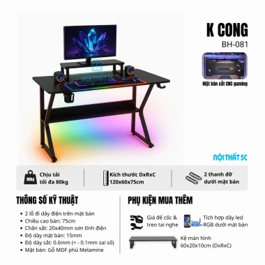 Bàn làm việc & gaming chân K cong kèm kệ lửng, nắp luồn dây, mặt MDF 15mm - Giá chỉ 479.000₫ 2