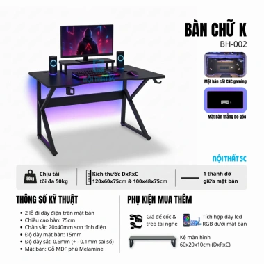 Bàn làm việc & gaming chân K cong kèm kệ lửng, nắp luồn dây, mặt MDF 15mm - Giá chỉ 479.000₫ 6