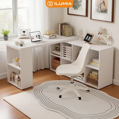 Bàn làm việc góc chữ L full trắng kèm kệ sách HC HP368 Giá ưu đãi 549k