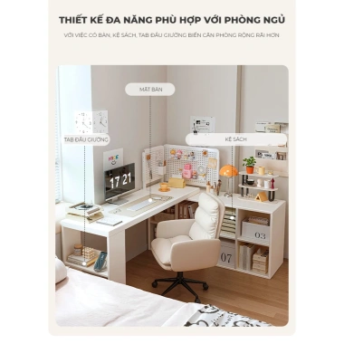 Bàn làm việc góc chữ L full trắng kèm kệ sách HC HP368 Giá ưu đãi 549k
