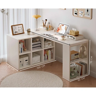 Bàn làm việc góc chữ L full trắng kèm kệ sách HC HP368 Giá ưu đãi 549k