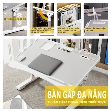 Bàn Laptop khe USB, khay chống trượt, gập gọn nâng hạ, học sinh ngồi giường - 119.000₫