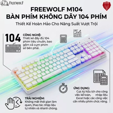 Bàn phím Bluetooth FreeWolf M104 LED RGB, pin 4.000mAh, gõ êm giảm ồn - 599.000